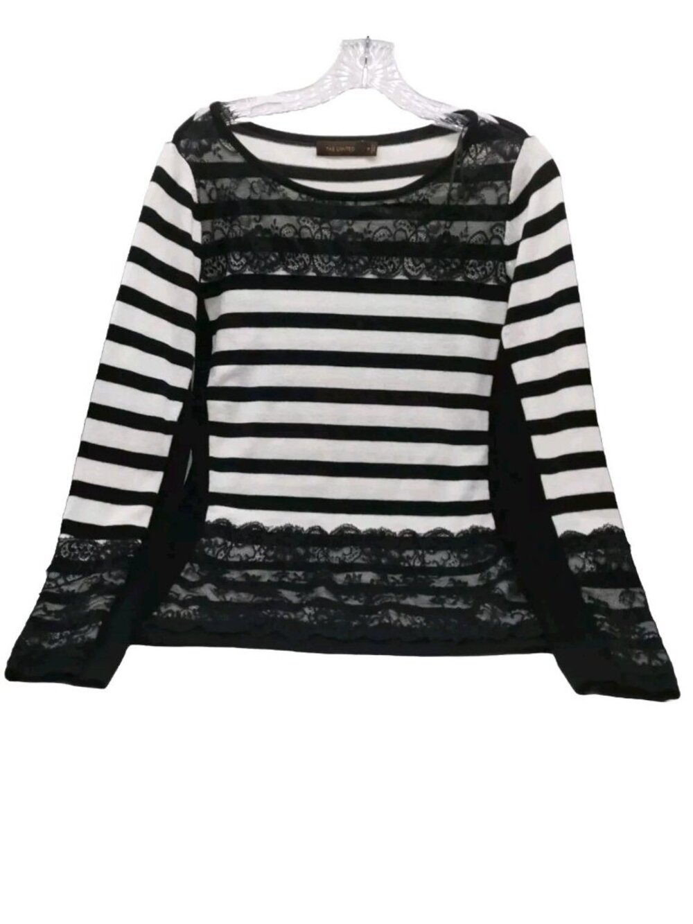 The Limited Black and Tan Black Striped Lace Sweater 3/4 Sleeve Size Medium